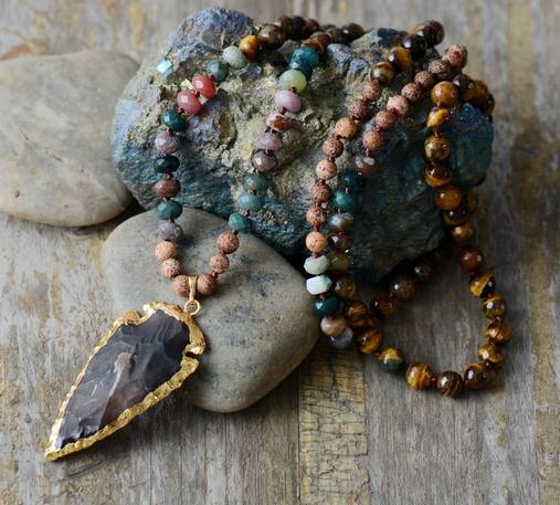 Oeil De Tigre Collier Collier Lotus, Pendentif Pointe De Cristal