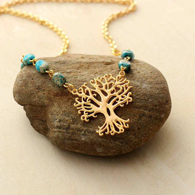 Collier « Arbre de Vie » en Jaspe Dorée Bijoux pierre naturelle Collier pierre naturelle