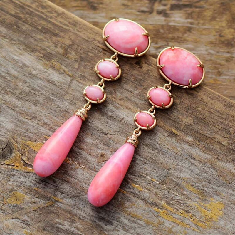 Boucles d’oreilles pendantes en pierre semi-précieuse rose pour femme