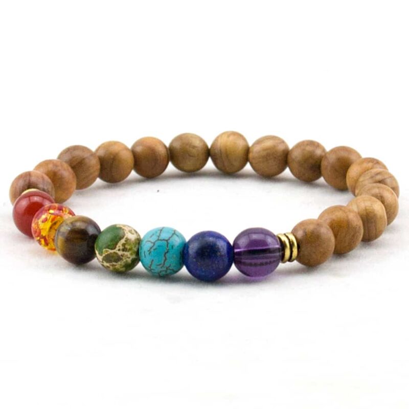 Bracelet sept chakras à perles en bois naturel pour homme