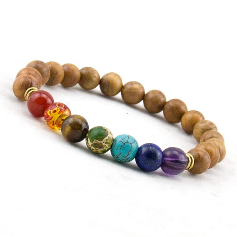 Bracelet sept chakras à perles en bois naturel pour homme