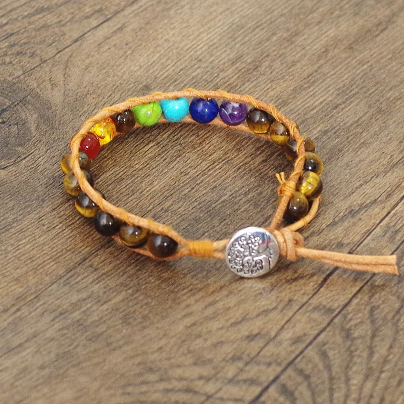 Bracelet sept chakras en cuir et œil de tigre