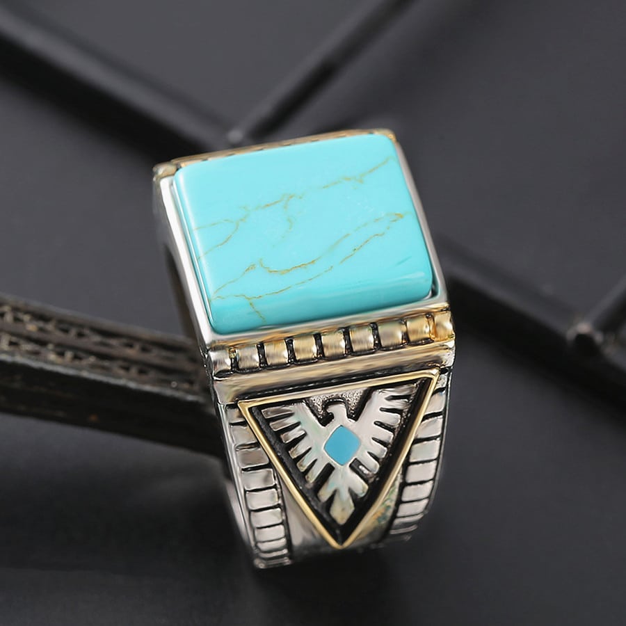 HIJONES Anneau Pour Hommes En Acier Inoxydable Avec Turquoise Carré Noël Anniversaire Mariage Bijoux Bagues Cadeaux Taille 54