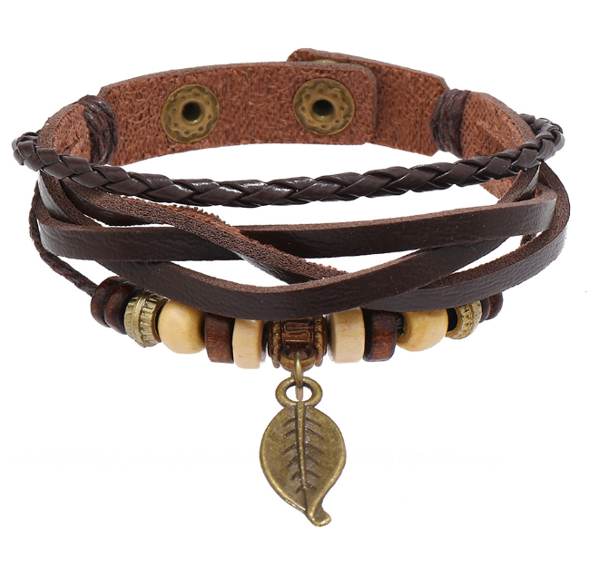Bracelets à breloques en cuir avec pendentif en forme de feuille