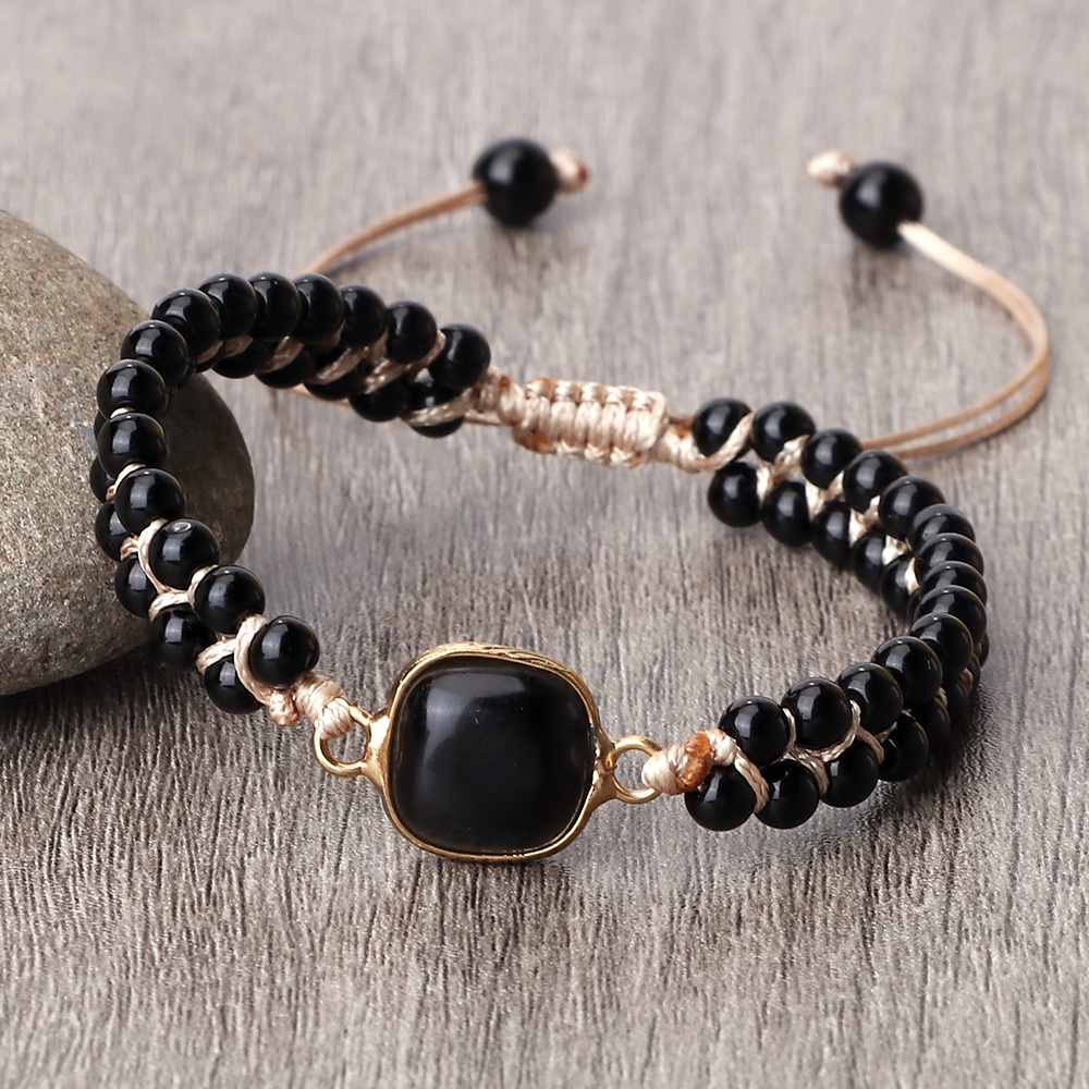 Bracelet en perles d'onyx noires brillantes – Image 3