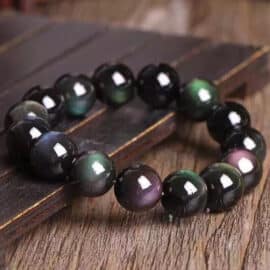 Bracelet Pierre Naturelle avec Perles d'Obsidienne sur fond marron