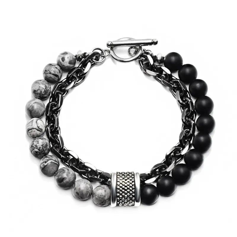 Bracelet Pierre Naturelle en Acier Inoxydable avec Perles Grises et Noires