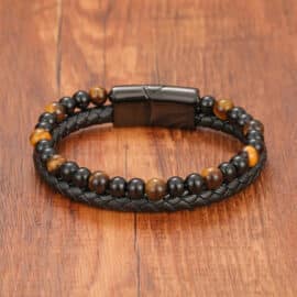 Bracelet Pierre Naturelle en Cuir et Acier Inoxydable avec Perles d'Oeil de Tigre sur fond marron