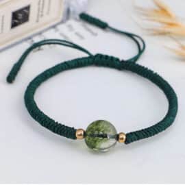 Bracelet Confiance et Harmonie Vert en Coton avec Perle de Quartz