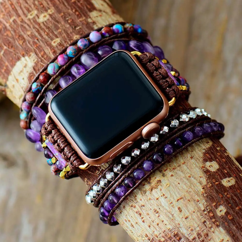 Bracelet Pierre Naturelle Violet avec Perles de Style Bohème Pour Montre