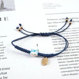 Bracelet Porte Bonheur en Corde et Céramique avec Tête de Chat