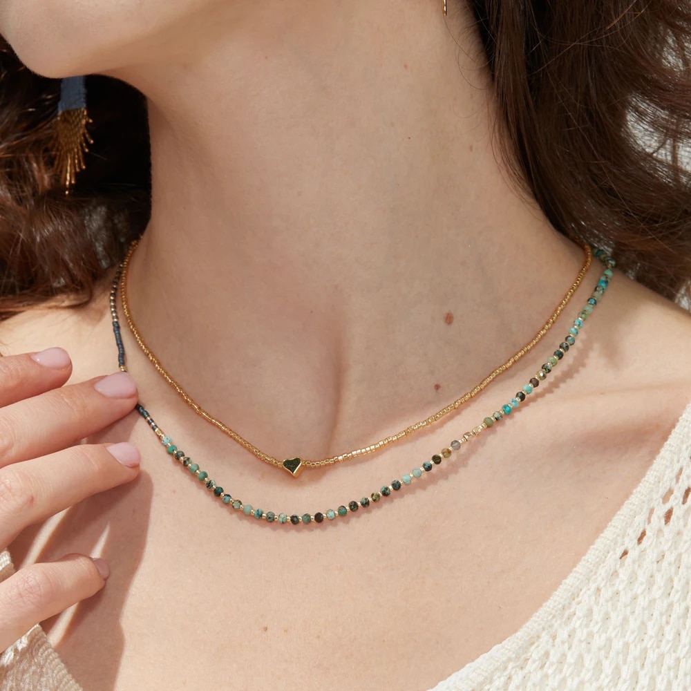 Collier Pierre Naturelle en Acier Inoxydable avec Petites Perles