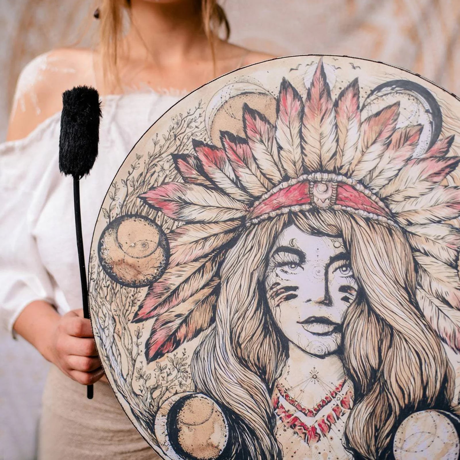 Tambour Chamanique Circulaire au Design Amérindien