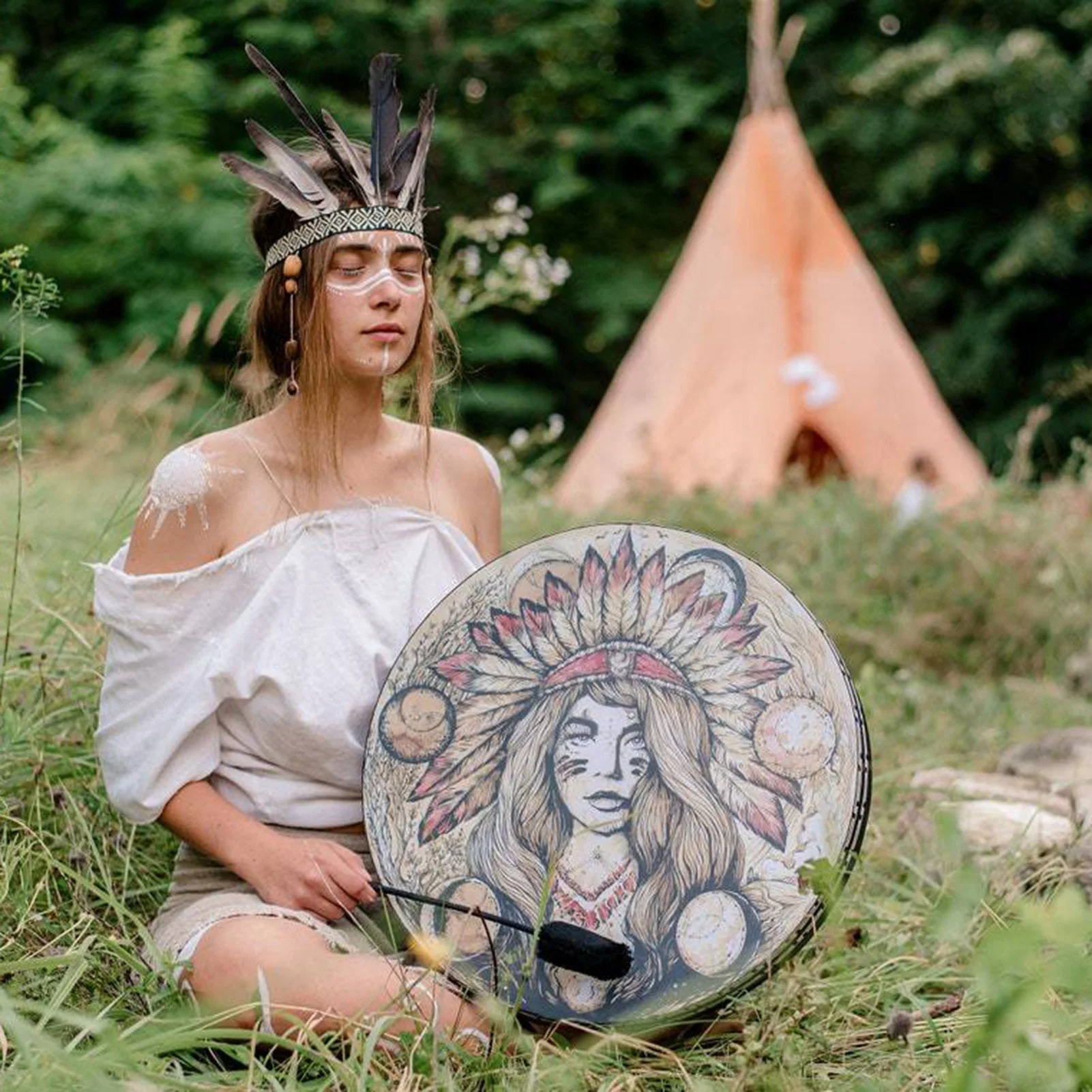 Tambour Chamanique Circulaire au Design Amérindien