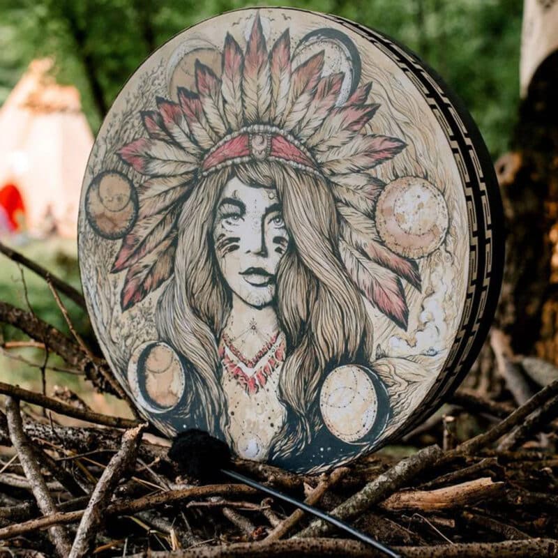 Tambour Chamanique Circulaire au Design Amérindien sur des branches