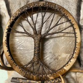 Tambour Chamanique Circulaire au Design d'Arbre de Vie en Cuir sur fond gris