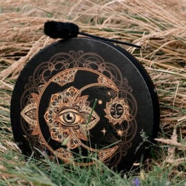Tambour Chamanique Circulaire au Design de Lune et d'Œil devant du blé