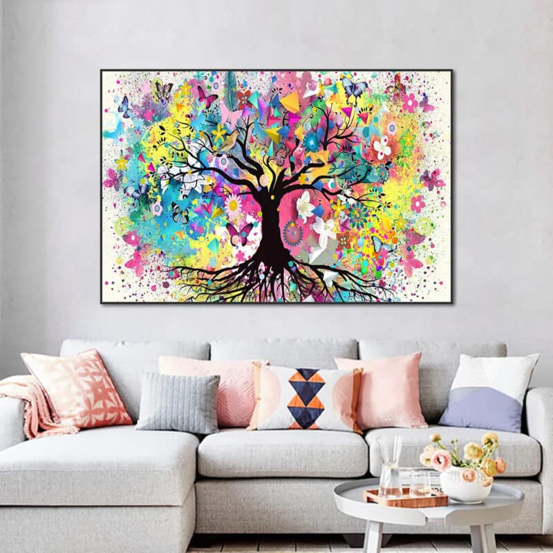 Arbre de Vie Peinture Abstrait et Multicolore de Style Scandinave