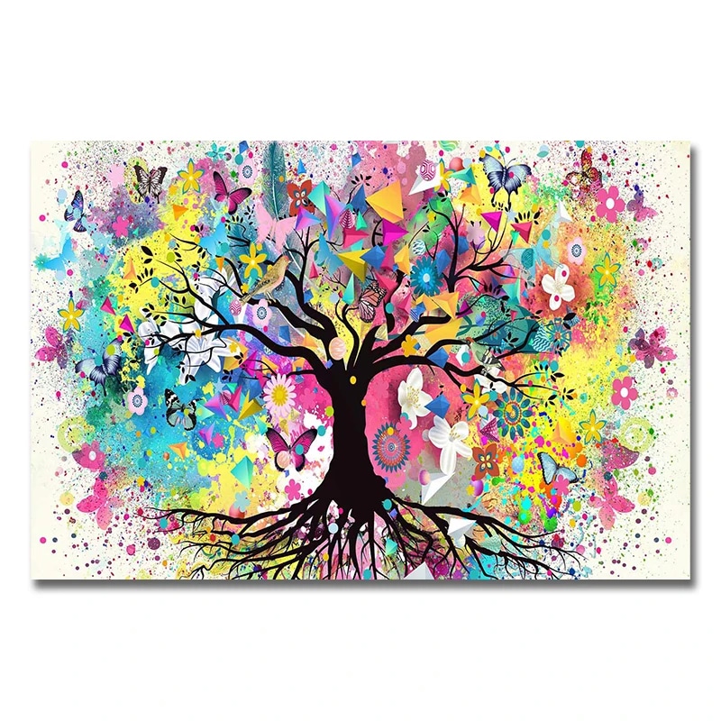 Arbre de Vie Peinture Abstrait et Multicolore de Style Scandinave