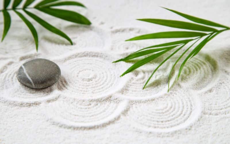 Sable blanc, avec des cercles tracés dans le sable, une pierre posé et une feuille de plante verte style palmier de chaque côtés.