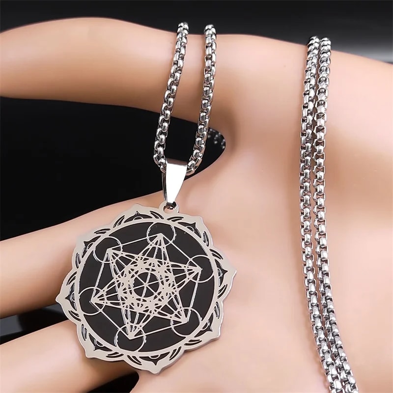 Cube de Metatron Pendentif avec Chaine en Acier Inoxydable