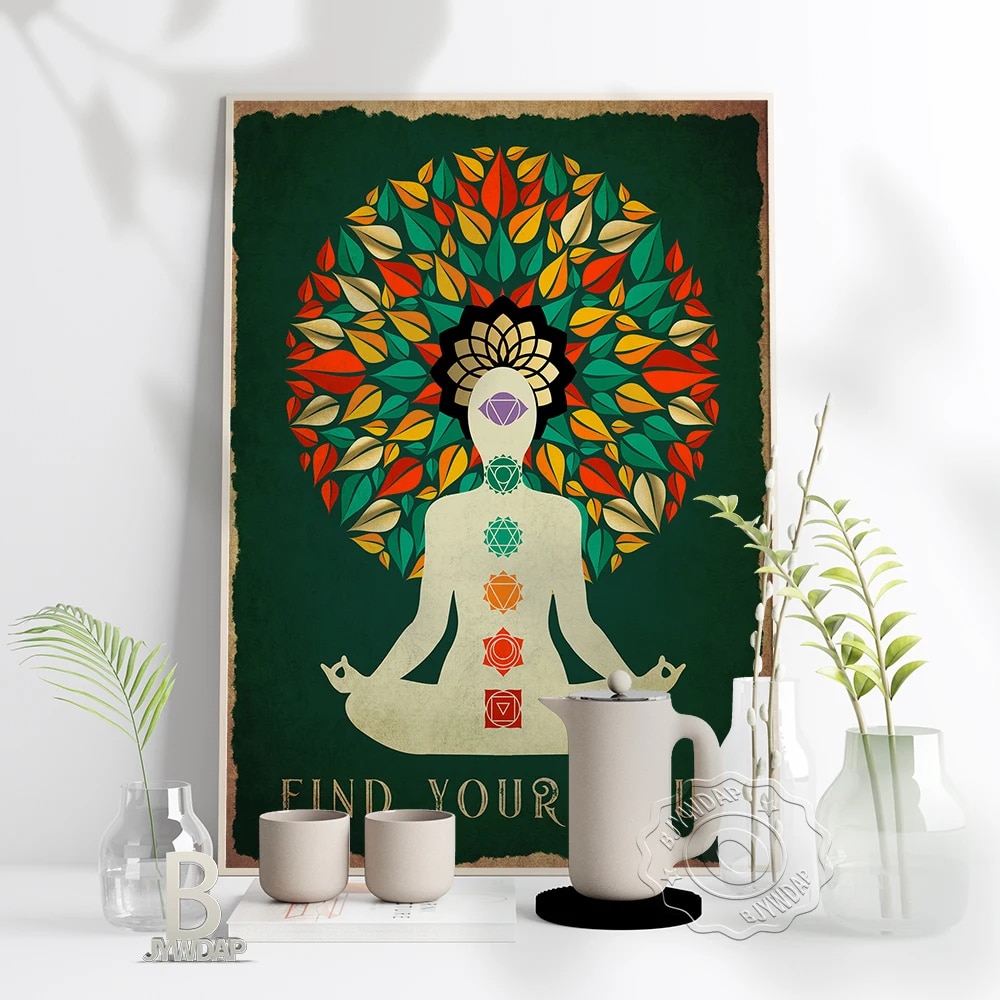 Kundalini Yoga de Style Vintage en Toile avec des objets devant sur un mur gris