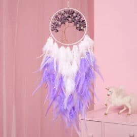 Attrape Rêve Arbre de Vie en Pierre de Cristal et Plumes sur fond rose