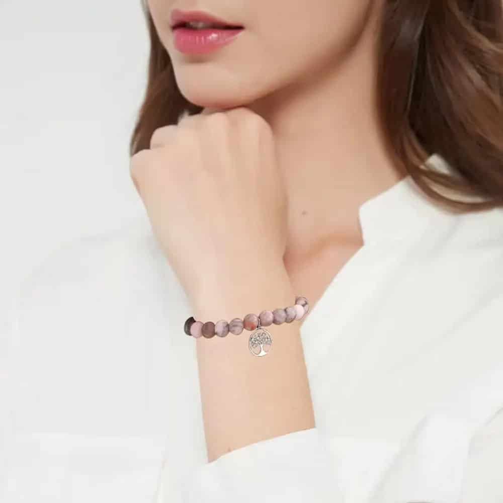 Bracelet de Vie Rose avec Perles en Pierre Naturelle