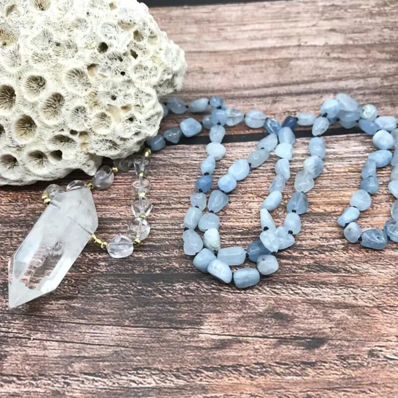 Collier Aigue Marine avec Pendentif en Quartz