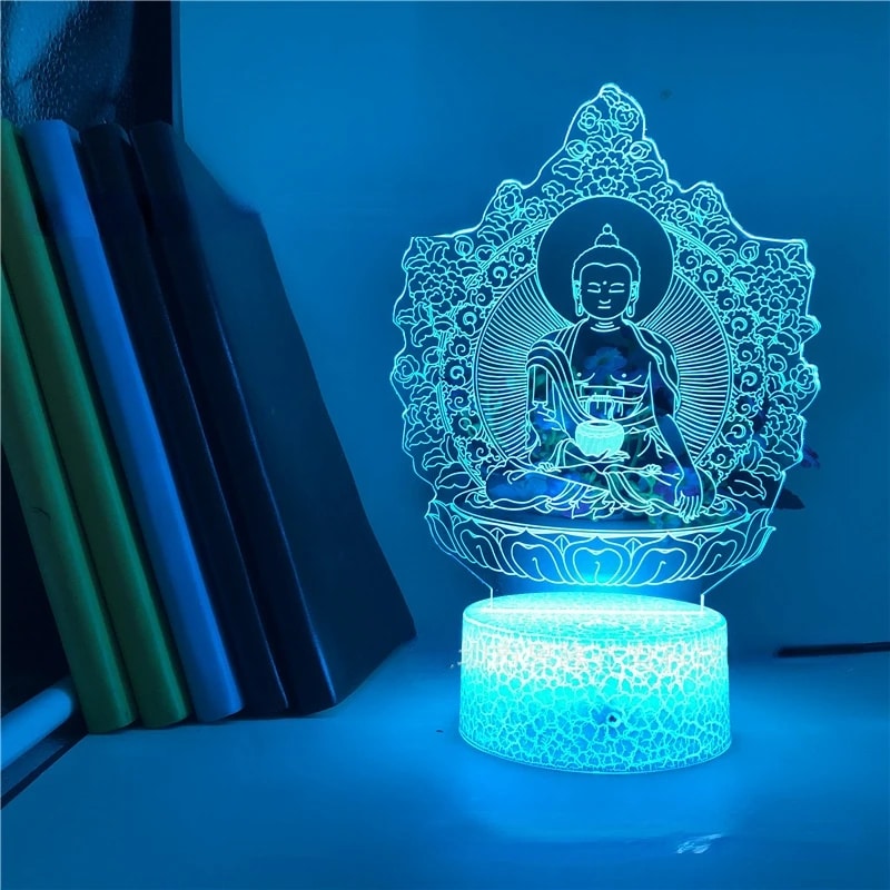 Lampe Bouddha LED 3D avec Socle sur fond bleu